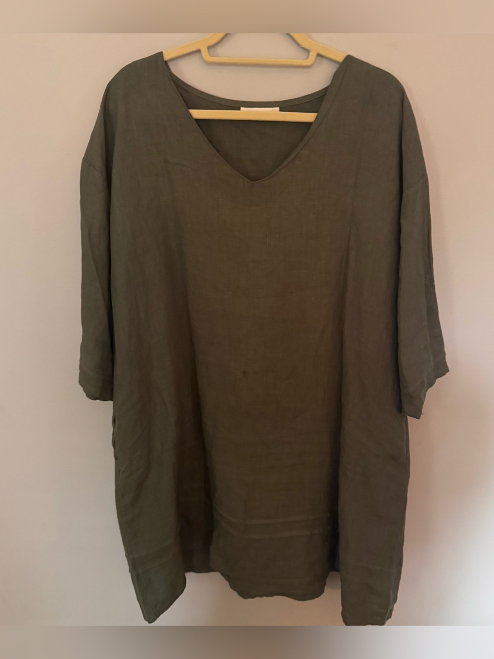 Bryn Walker 100% Linen Tunic Dress Olive Green V Neck Oversized Made USA OS